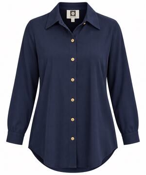 Anne Klein Women’s L Navy Blue Button Down Tunic Shirt Gold Buttons Long Sleeve